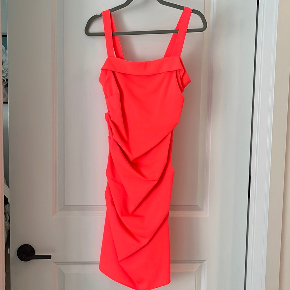 Neon coral rouched Shoshanna dress